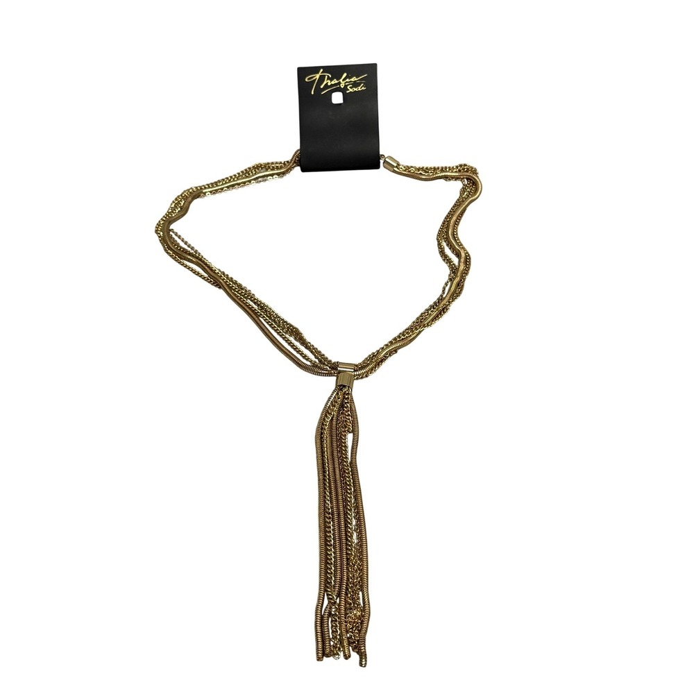 Thalia Sodi Fringe Y-Drop Tassel Necklace Gold Tone Multi Strand Fashion 20 Inch